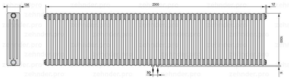 Схема (чертеж) Радиатор Zehnder Charleston 4100/50 №5410 Белый глянцевый RAL 9016
